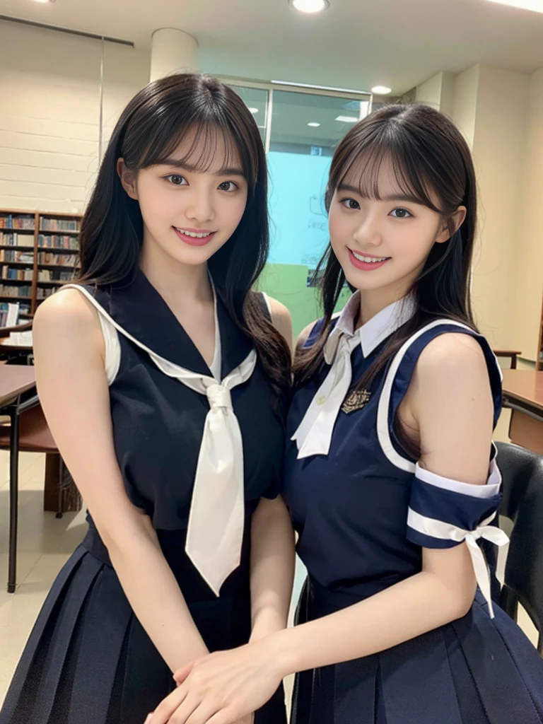 (Super cute Korean high school girls duo take photos 1.2)(grin,Smile)(Beautiful Sweat:1.1)(16K, RAW Photos, Highest quality, masterpiece: 1.2),(Beautiful short bob hair with even bangs, black hair) Super detailed, Super Resolution, (Genuine, Genuine photos: 1.37), Portraiture, High-resolution RAW color photos, Professional photos, Very detailed, 8k wallpaper, Very detailed CG Unity 8k wallpaper, Very detailed beautiful girls, Very detailed faces, ((whole body)), beautiful woman, Huge breasts,(huge boobs:1.1) (Big Boobs:1.1), Beauty college student (A tight, girly, navy sleeveless with ribbon),high school girl, Korean Girls,(K-POP Female Idols), (Idol-class beauty)(Beautiful high school girl:1.1)(A library filled with books)(18-year-old)(Stylish school uniform-style outfit:1.1)(Group photo:1.1)(Tattoo,Tattoo:1.0)