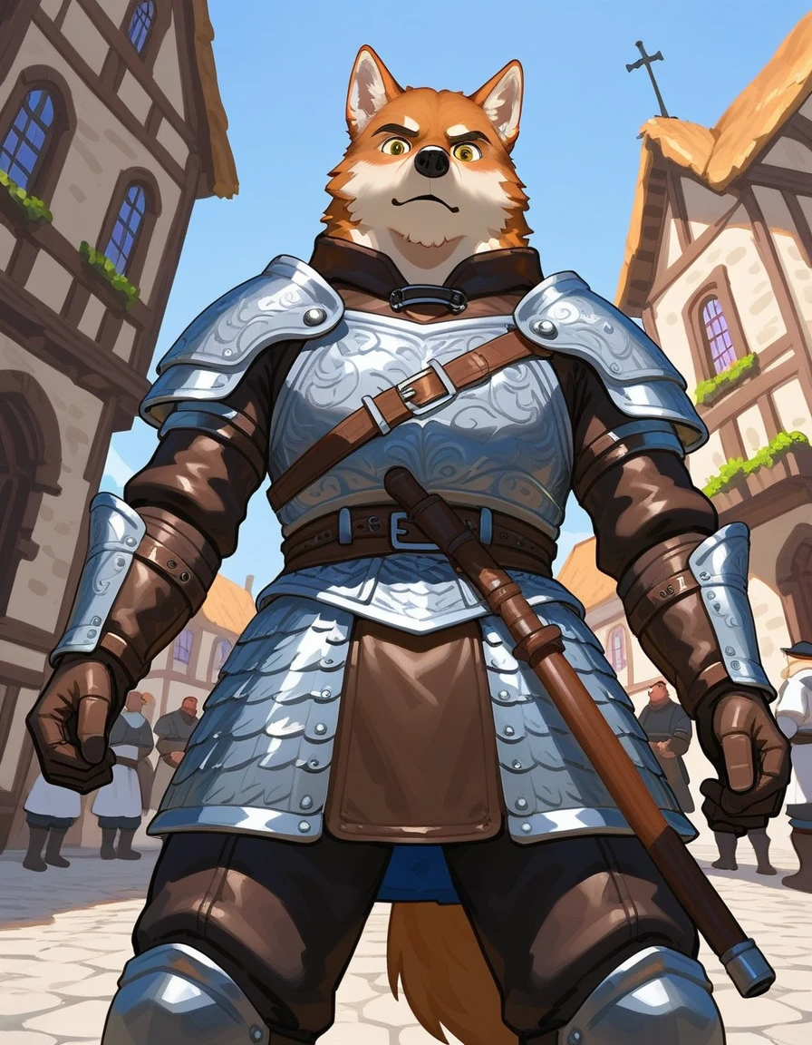 Solo, score_9,score_8_up,score_7_up, duo, two soldiers, male, medieval mercenaries, one is an Anthro furry wolf, the other is a human male, their eyes and faces are shrouded in shadow, they are wearing leather armor, outdoors, in a village, low angle shot, they are looking down at viewer, pov