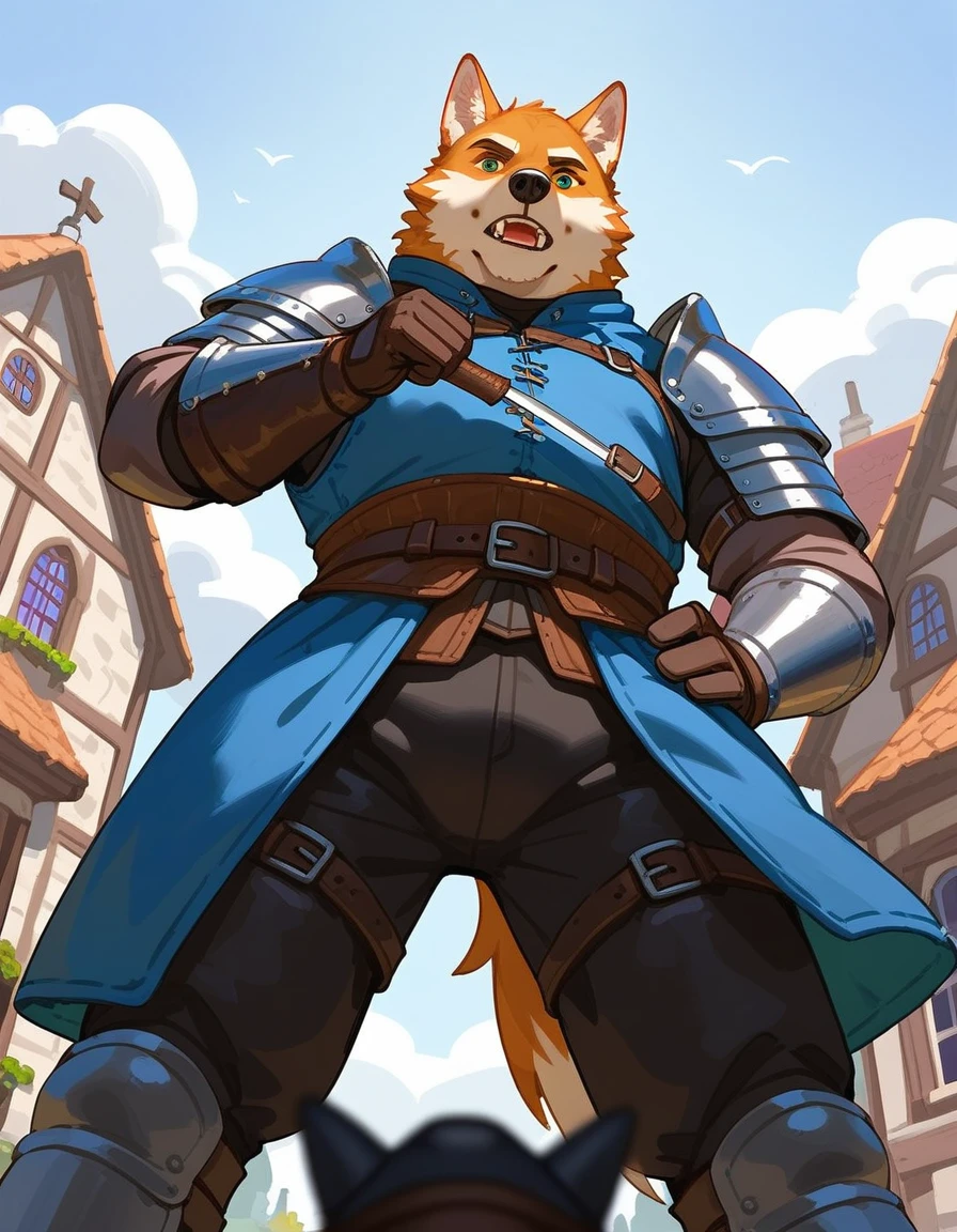 Solo, score_9,score_8_up,score_7_up, duo, two soldiers, male, medieval mercenaries, one is an Anthro furry wolf, the other is a human male, their eyes and faces are shrouded in shadow, they are wearing leather armor, outdoors, in a village, low angle shot, they are looking down at viewer, pov