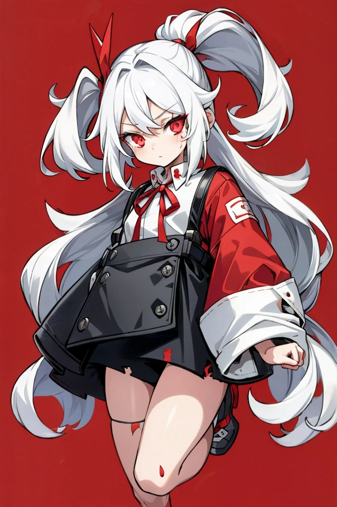 best quality, simple Details, 1 girl, Long hair, white hair, tousled hair, Rote Highlights, red eye, good eyes, neck ribbon, neon shirt, torn legwear, open jacket, simple background, full body,