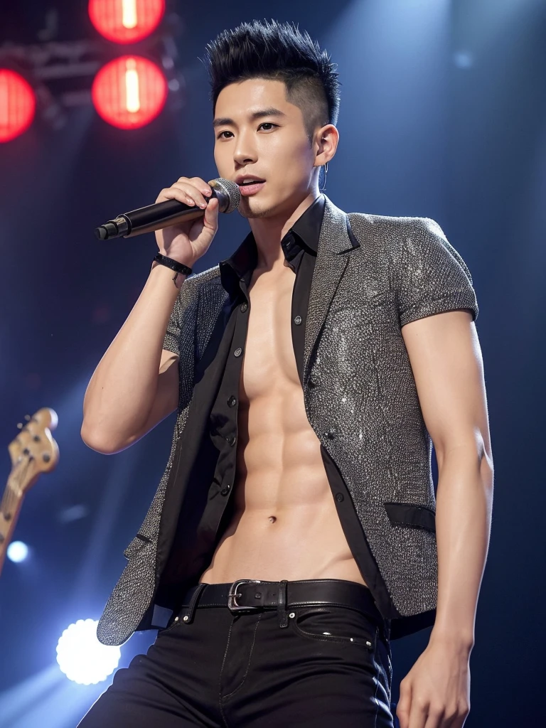 35-year-old Chinese-Japanese man, Idol and singer of a musical group a Rockstar, with short hair shaved on the sides defined abs, Cold look, similar to sid vicious