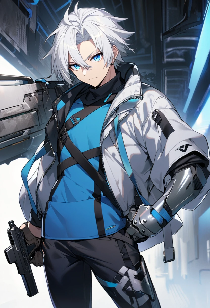 1man, white hair, 1metal arm, holding pistol, blue eyes, tech wear, jacket, from bellow