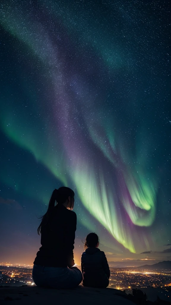 Masterpiece, best quality, 1girl, octane rendering, from distance, at night, sitting and staring at the sky, from behind, city, cityscape, bright city lights, full of stars, shooting stars, milky way, aurora borealis, silhouette