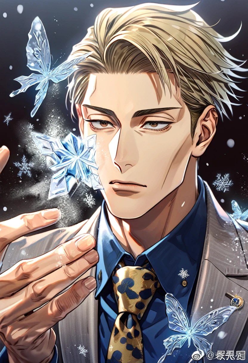 absurdres, highres, ultra detailed, HDR, master piece, best quality, extremely detailed, Nanami Kento, blonde hair, expressive brown eyes, Jujutsu Kaisen, solo, sexy man, handsome, gray jacket, blue shirt, necktie, magical, fantasy, snowflakes, ice butterflies, ice, snowing