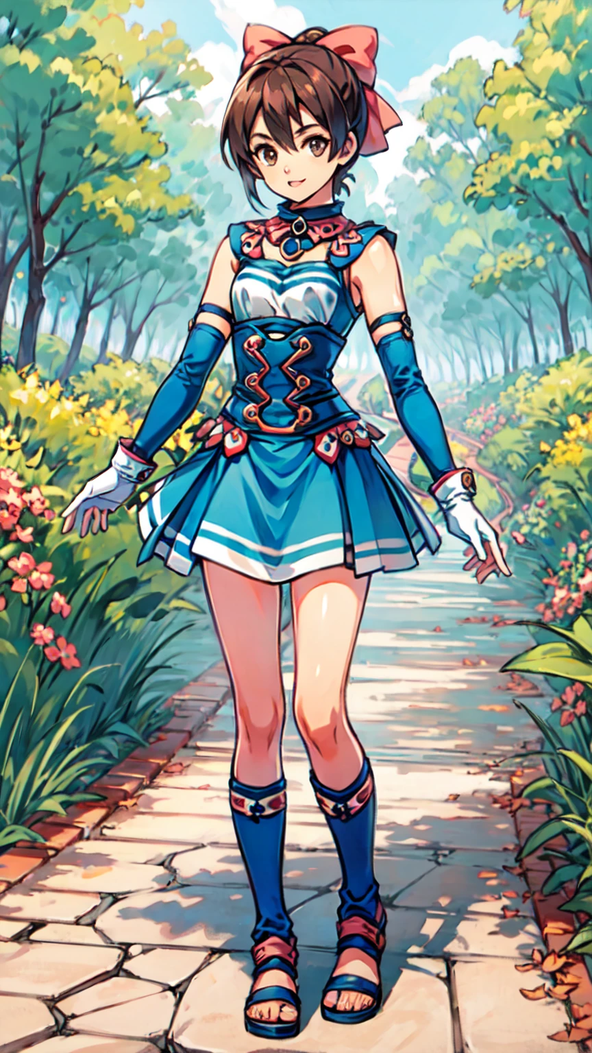 ((Full body photo, standing, feet on the floor))  masterpiece, high res, detailed face, detailed eyes, 1 girl, solo, brown hair, brown eyes, short hair, giant pink ribbon on top of the head, high tighs, blue white outfit, blue elbow gloves, blue tighs, ring chocker, smile, standing, full body, outdoors, forest , cowboy shot   