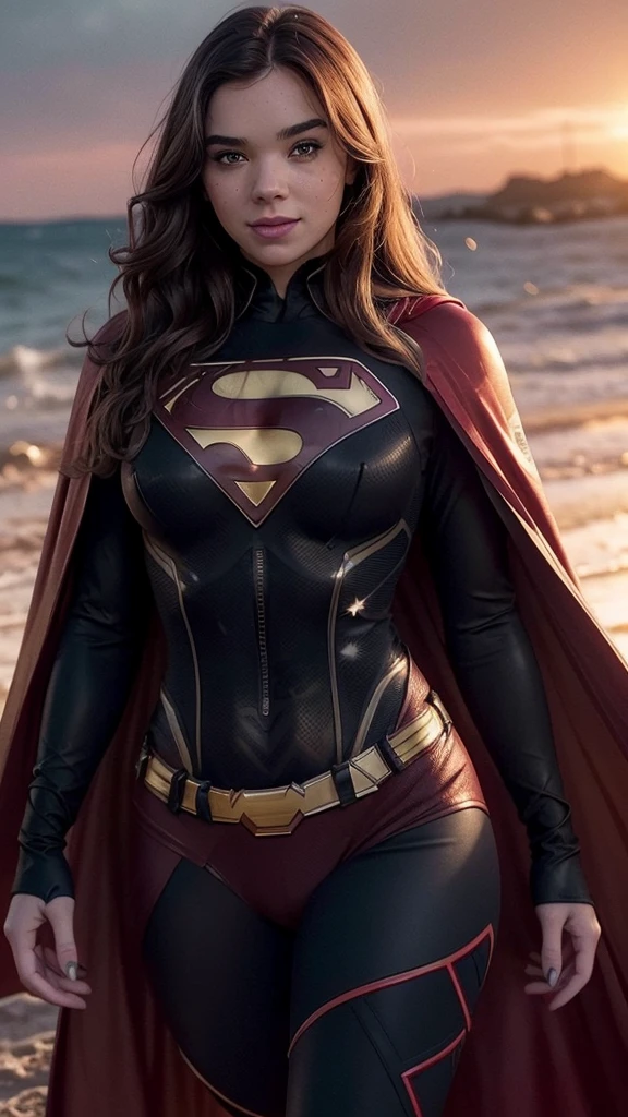 a beautiful freckled woman with pale skin, wavy hair, smiling, wearing a sexy (black superman's suit) with long red cape, with one exposed breast, (young girl), blushing cheeks, large breasts, ultra-detailed, 8k, best quality, photorealistic, vivid colors, dramatic lighting, (red sky and sunset in the background), high contrast