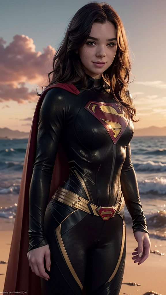 a beautiful freckled woman with pale skin, wavy hair, smiling, wearing a sexy (black superman's suit) with long red cape, with one exposed breast, (young girl), blushing cheeks, large breasts, ultra-detailed, 8k, best quality, photorealistic, vivid colors, dramatic lighting, (red sky and sunset in the background), high contrast