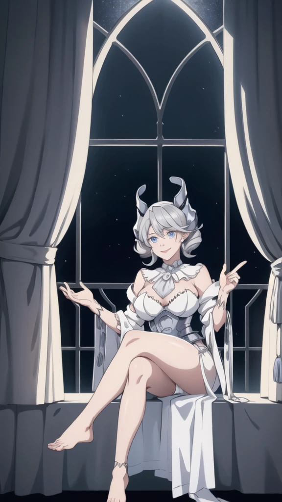Beautiful arts wallpaper moonlight Outside castle top High level image quality best image quality 8K adult woman silver castle hall more colors whole body view portrait wearing pure white Goddess dress horn ears short hair((shortcut)(gray hair)(perm)(fluffy)) eye color is blue , , attractive evil face , smile , labrynth , barefoot , teasing with her breast, , sitting with crossed legs on piano , looking at the windows , stovie , crystal chandaglier , white curtains