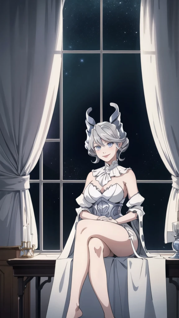 Beautiful arts wallpaper moonlight Outside castle top High level image quality best image quality 8K adult woman silver castle hall more colors whole body view portrait wearing pure white Goddess dress horn ears short hair((shortcut)(gray hair)(perm)(fluffy)) eye color is blue , , attractive evil face , smile , labrynth , barefoot , teasing with her breast, , sitting with crossed legs on piano , looking at the windows , stovie , crystal chandaglier , white curtains