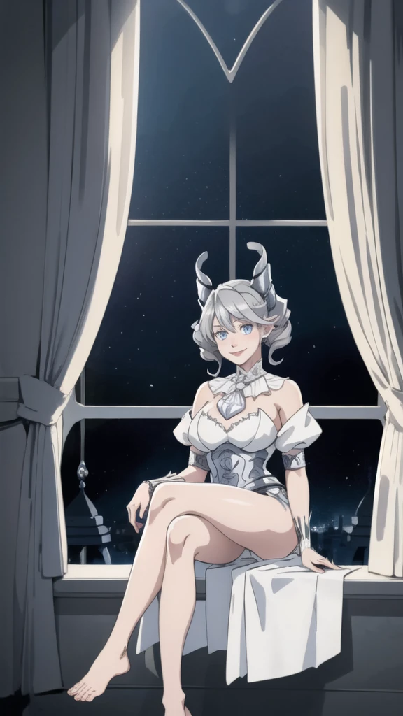 Beautiful arts wallpaper moonlight Outside castle top High level image quality best image quality 8K adult woman silver castle hall more colors whole body view portrait wearing pure white Goddess dress horn ears short hair((shortcut)(gray hair)(perm)(fluffy)) eye color is blue , , attractive evil face , smile , labrynth , barefoot , teasing with her breast, , sitting with crossed legs on piano , looking at the windows , stovie , crystal chandaglier , white curtains