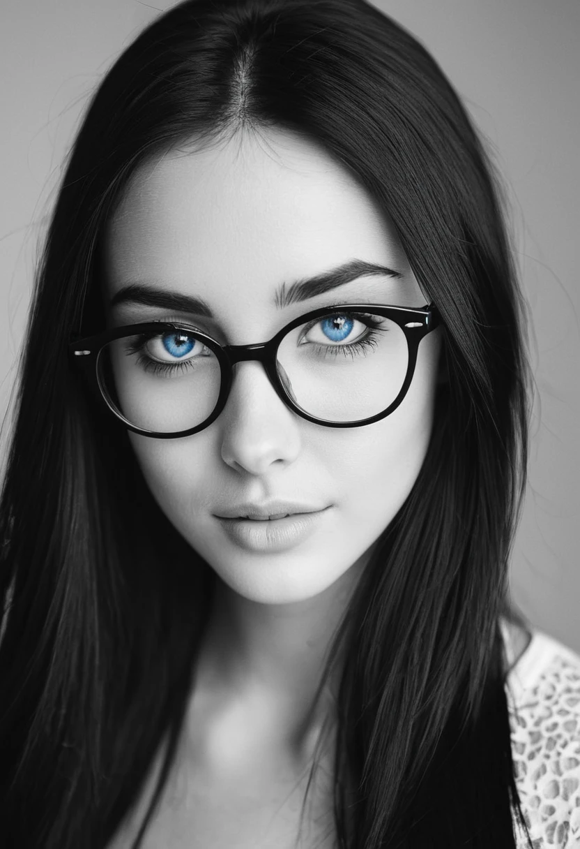 b&w, instagram photo, portrait photo of 26 y.o, black straight hair, blue eyes, glasses, perfect detailed eyes, natural skin, hard shadows, film grain