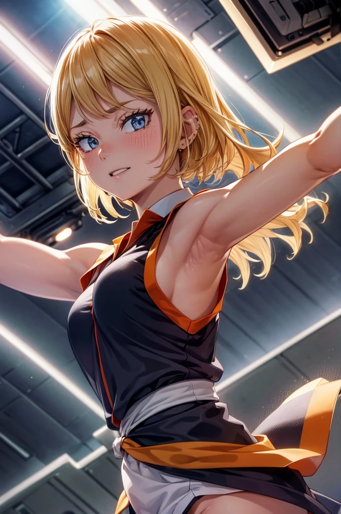 8k high resolution,detailded face,detailed bpdy,perfect body,ultra high quality,1 girl,sleeveless shirt,arms up,armpit, sweating