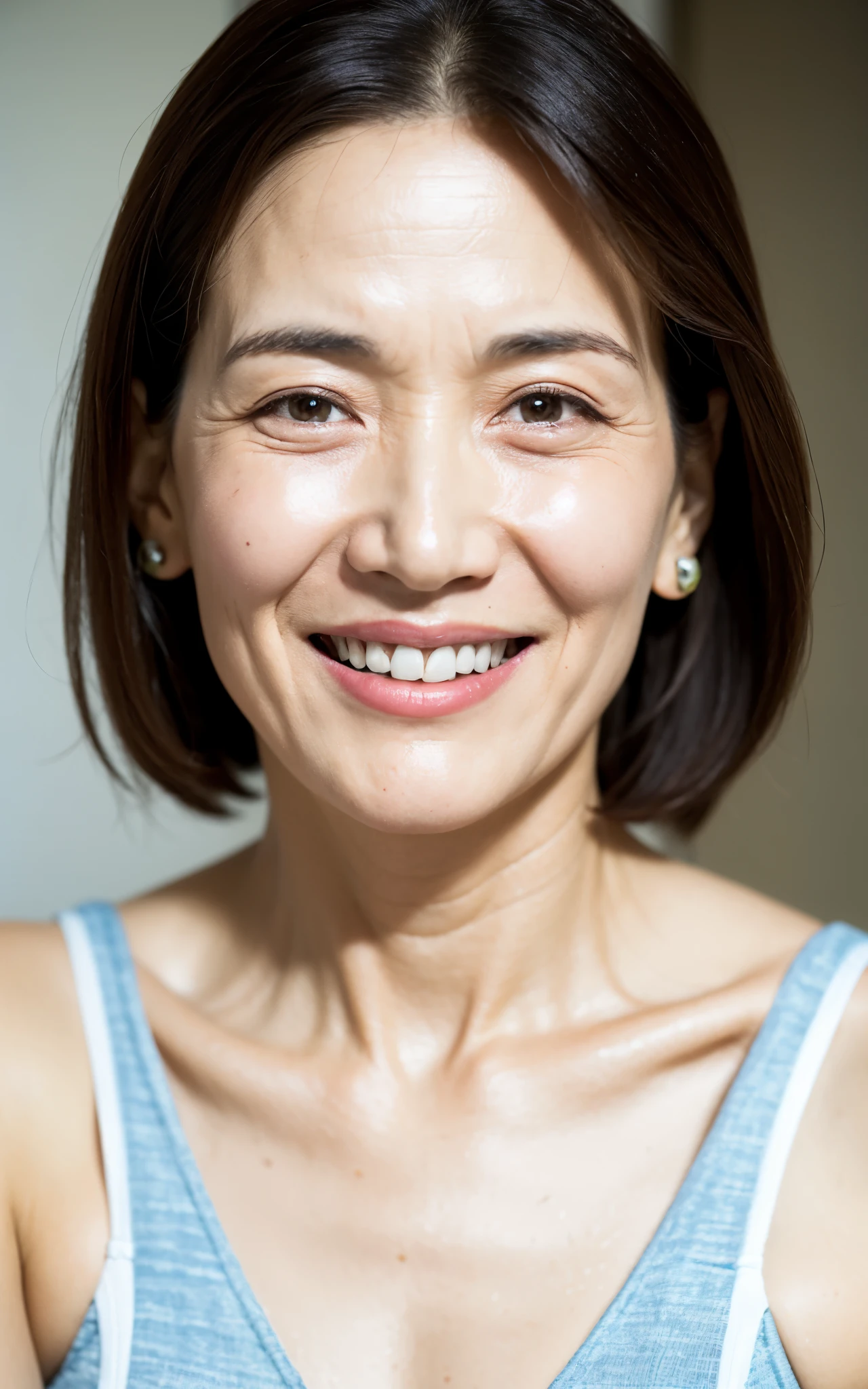 One woman, full body, 1 mature woman, soro, 55 years old, auntie, facial wrinkles, beautiful eyes, laugh, beautiful face, wearing swimsuit,