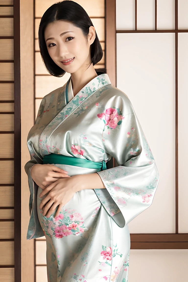 (Highest quality、Tabletop、8K、Best image quality、Award-winning works)、(One beautiful mature woman:1.1)、Adult face、(Innkeeper:1.1)、(Elegant floral kimono:1.2)、(A kimono with a perfect and precise collar:1.2)、Perfect mature woman portrait photo、Glowing Skin、Standing Elegantly、(Blurred elegant and exquisite perfect Japanese style room background:1.3)、(The most natural and perfect tidy Japanese style room background:1.2)、Glowing White Skin、Very white skin、(Accentuate your body lines:1.1)、(The most graceful posture:1.2)、(Large Breasts:1.2)、A perfect smile、Perfect beautiful glossy lips、(Accurate anatomy:1.2)、(A perfect and elegant kimono:1.1)、(Standing with good posture:1.1)、(A little pregnant:1.1)、(Natural pregnancy belly swelling:1.1)