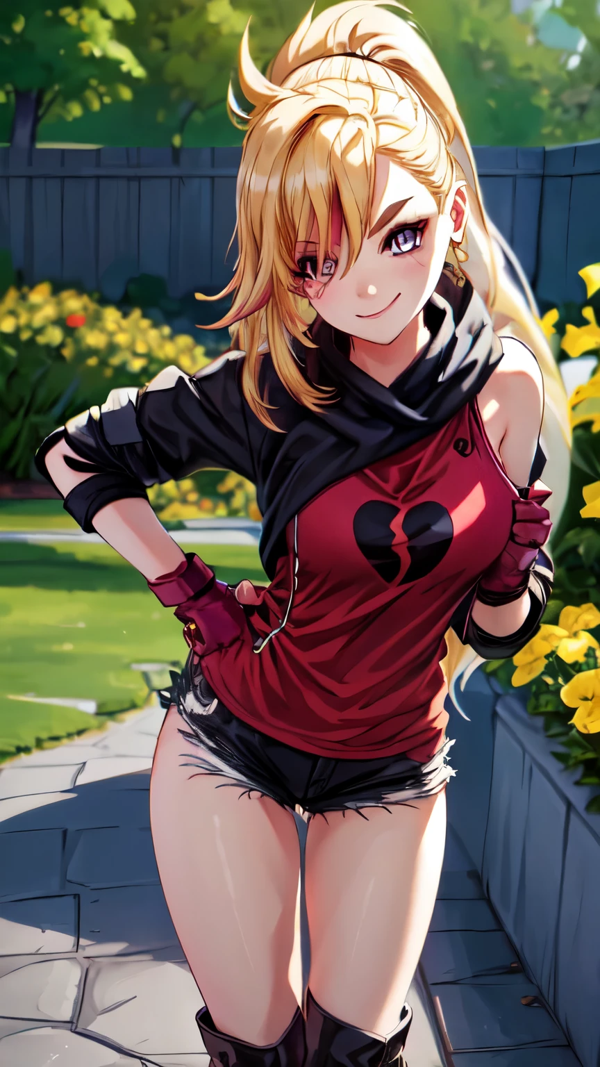 (best quality:1.2),solo,1girl,mdrin,smile,looking at viewer,lovely pose, ponytail,v-shaped eyebrows,red shirt, fingerless gloves,black shorts , garden background, warm color tones,soft lighting, Hair over one eye, ultra long hair, standing on hooftop, long boots, long ponytail, blonde 