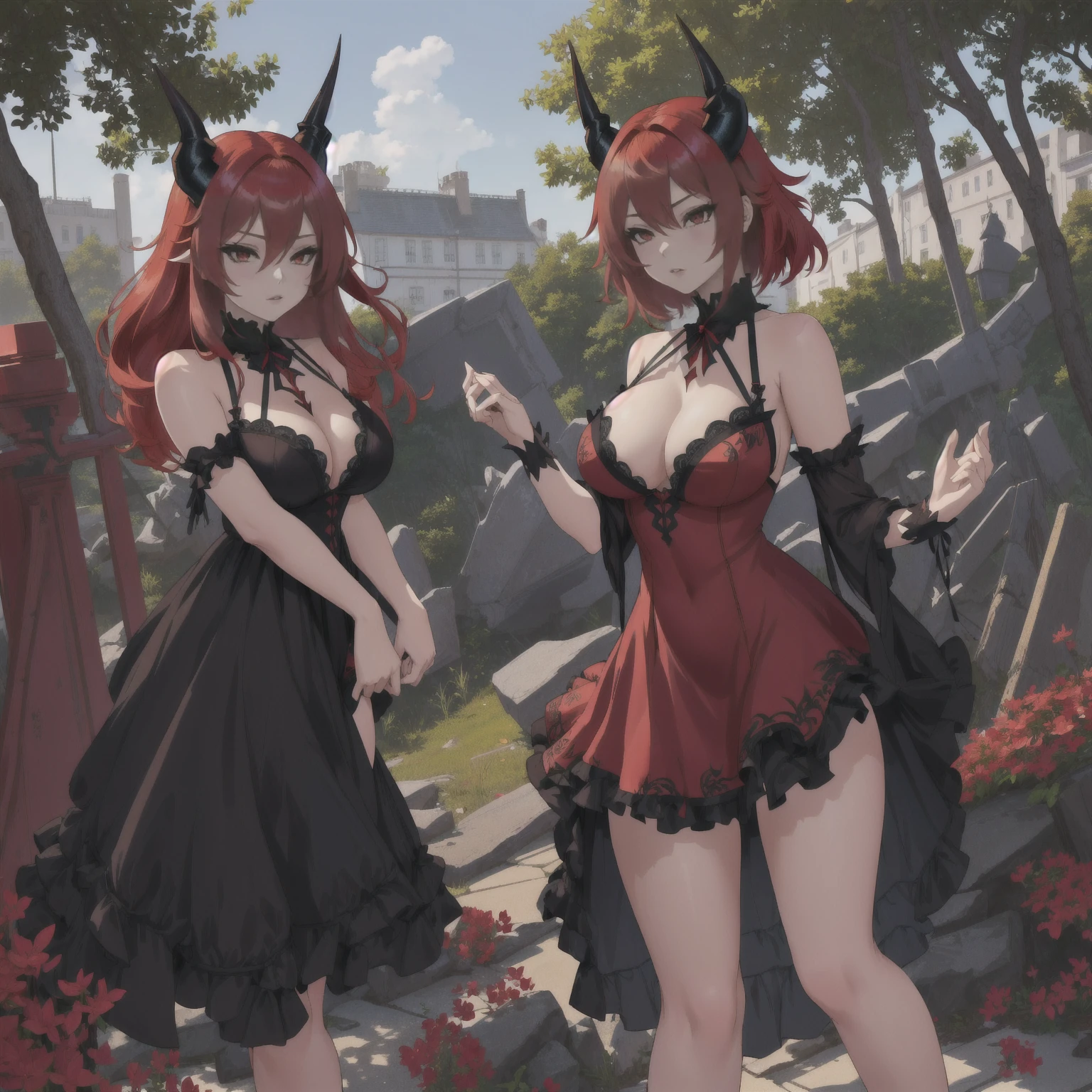 anime girl with red hair and horns in front of a tree, garota anime demon, beautiful together, together, together in tight short dress, Rias Gremory, Lilith, together | Mediovale, garota demon, anime monster girl, mika kurai demon, Dragon girl, demon, together in sundress portrait, seductive anime girl, Coloque cabelo comprido nas duas. "NSFW"