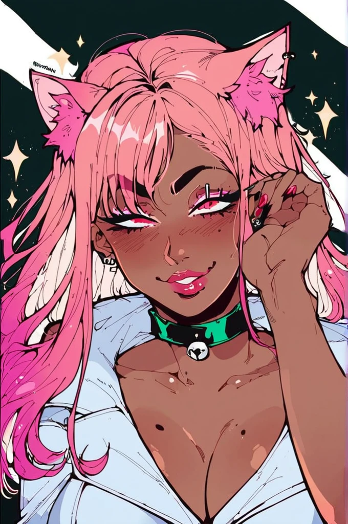 Score_9, score_8_up, score_7_up, score_6_up, gyaru, source_アニメ, 1girl, 独奏, white background, abstract rectangular background, honoka, gazing at viewer, very dark skin, cat Woman, white suit, malicious smile, Evil eyes, manikin doll.