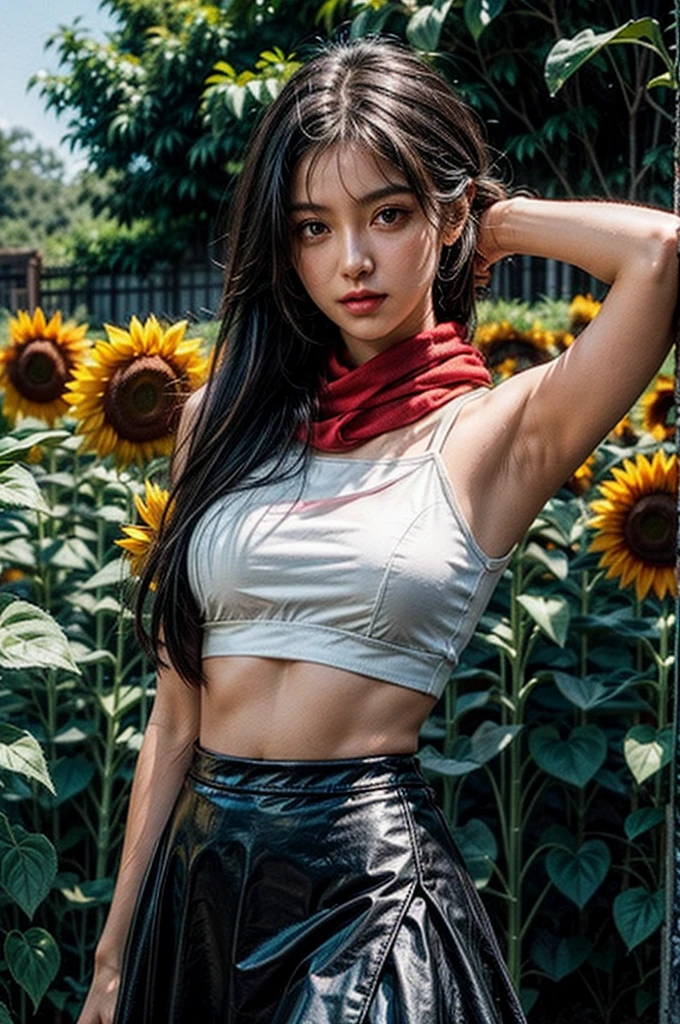 1girl, white crop top, navel, black skirt, black hair, long hair, straight hair, outside, sunflowers, red scarf, sunrays, watch, green eyes, bare arms, elbow squeeze