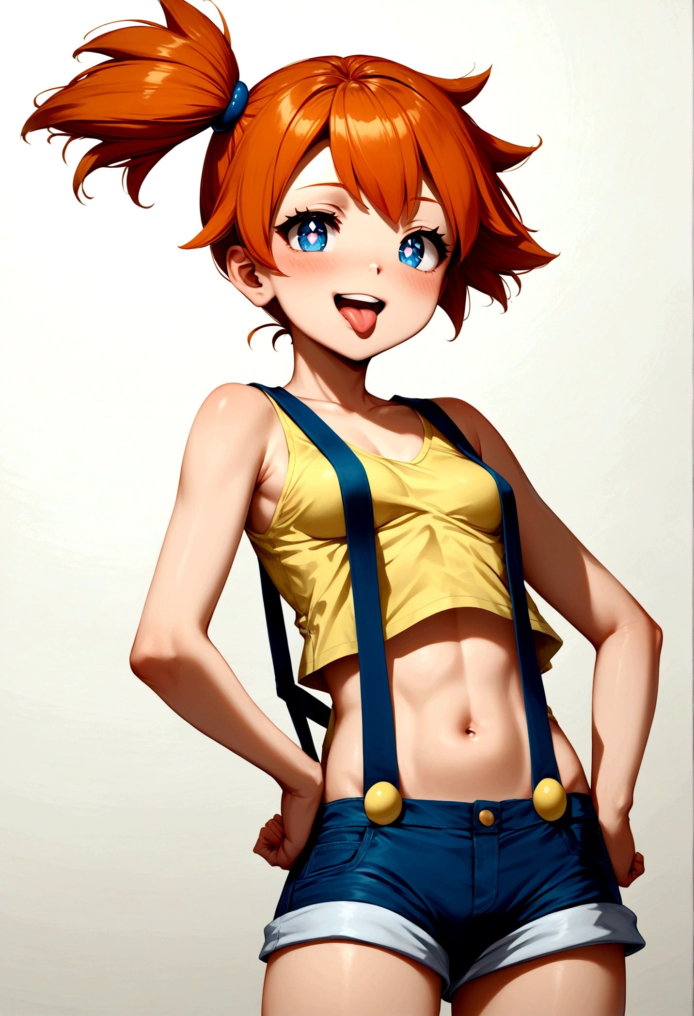 score_9, score_8_up, score_7_up, score_6_up, score_5_up, zPDXL2, max detail, 4k wallpaper, masterpiece, best quality, absurdres, highres, source_anime, PokemonStyle, pokemon \(anime\),flat color, 1girl, solo, misty (pokemon), open mouth, orange hair, blue eyes, mediumshot, suspenders, side ponytail, breasts, teeth, blush, outline, shirt, short hair, yellow shirt,navel,shorts,white background, simple background, sleeveless, bangs,happy, upper teeth only, bright pupils, bare shoulders, sleeveless shirt,one closed eye, tongue,hands on hips.from side,