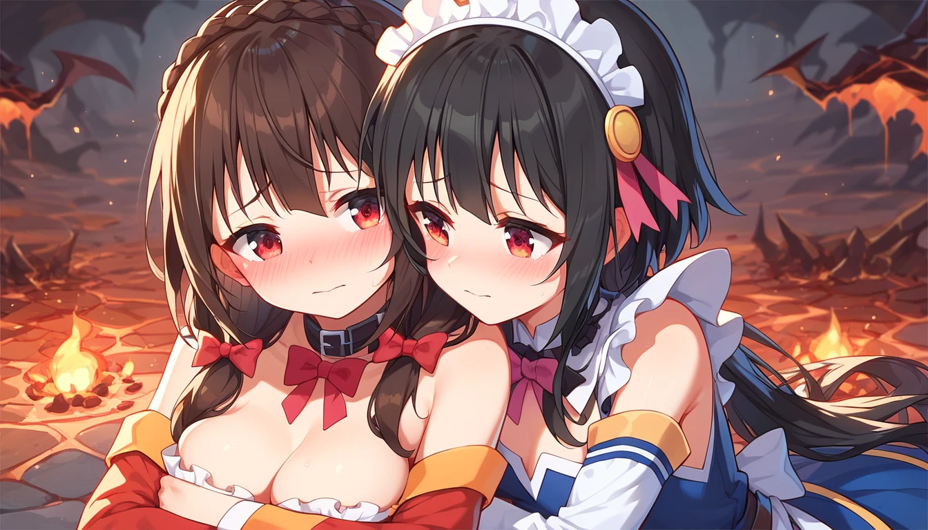 ((2girls:1.3)), ((moe style:1.3)), ((hell:1.3)), maid outfit, teasing, medium full shot, yuri, ((black hair:1.3)), megumin (konosuba), yunyun (konosuba), ((shy:1.3)), blush, ((perfect face)), ((extremely cute:1.3)), ((masterpiece:1.3)), ((8k)), ((best quality:1.3)), ((beautiful)), ((extremely detailed:1.3)) , ((absurdres)), AddXL, ((score_9:1.3)), ((score_8_up:1.3)), ((score_7_up:1.3)), Expressiveh
