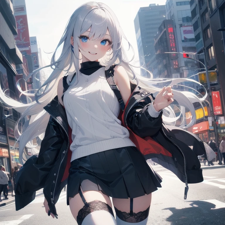 (Masterpiece, Best quality, ultra high resolution), 1 girl, Silver hair, Pale skin, Beautiful detailed face, Detailed eyes, posing on a white background, Dynamic lighting, dynamic shadowing, looking at viewer, White street punk fashion, (Posing for a photo), ((White clothes)), (((black thigh highs))), jean shorts, skirt, white sweater, ((Blue eyes)), happy, smiling, black straps, black strap design, ((Long white hair)), energetic, cheerful, cityscape background, (garter)