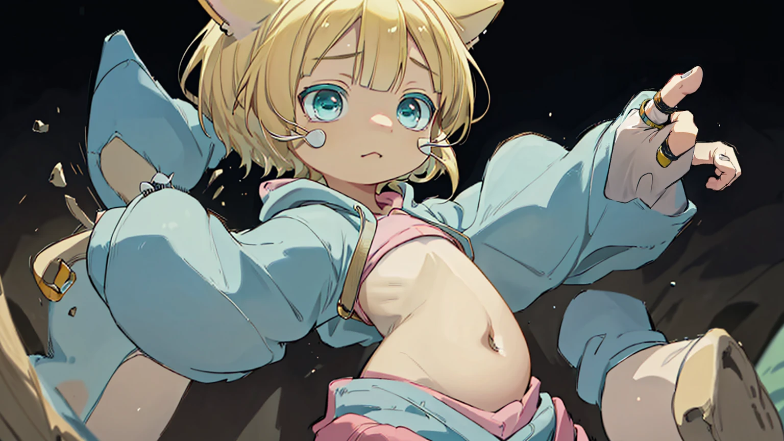 8-year-old girl, my_Irumui,
she has (Blonde).
(Eye color is turquoise), SFW,
Blonde Hair、Short Hair、Cat ear、(Blonde rings:1.5),
White skin, Wooden village, (Flat Chest), Denim shorts,
outside, bright,, Pink hoodie,I tried drawing it in the style of Made in Abyss with the belly button sticking out.,
Soft lighting and detailed environments、Create immersive environments that inspire your imagination、Delivering high quality visuals, Dim lighting, Sharply focused, Octane Rendering, 8K Ultra HD