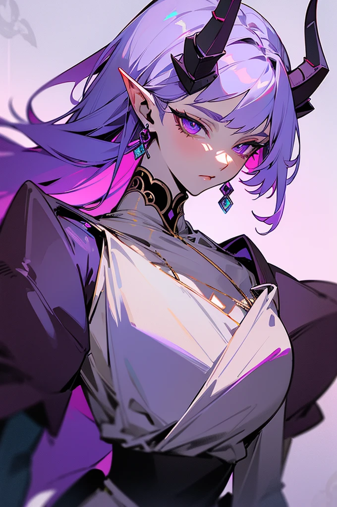 a close up of a person wearing a purple dress and a purple top, beautiful androgynous prince, black horns, silver hair, delicate androgynous prince, androgynous vampire, rococo cyberpunk, steampunk beautiful anime woman, attractive androgynous humanoid, beautiful character painting, high quality character design, as a dnd character, official character art, epic exquisite character art, anime character, wings