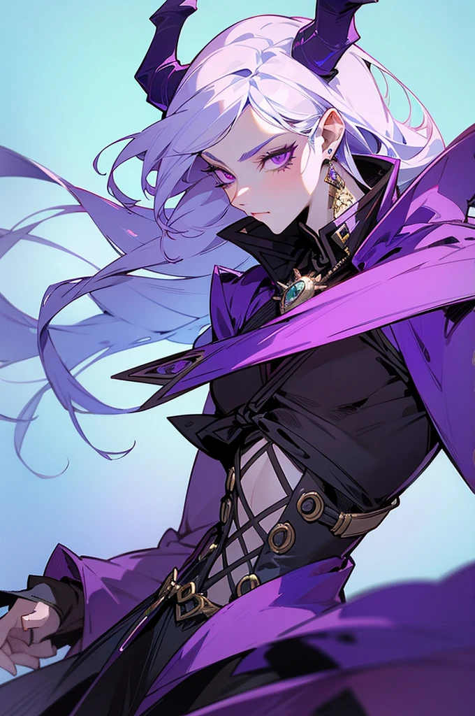 a close up of a person wearing a purple dress and a purple top, beautiful androgynous prince, black horns, silver hair, delicate androgynous prince, androgynous vampire, rococo cyberpunk, steampunk beautiful anime woman, attractive androgynous humanoid, beautiful character painting, high quality character design, as a dnd character, official character art, epic exquisite character art, anime character, wings