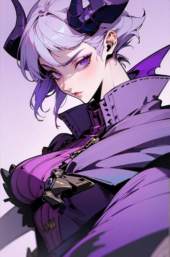 a close up of a person wearing a purple dress and a purple top, beautiful androgynous prince, black horns, silver hair, delicate androgynous prince, androgynous vampire, rococo cyberpunk, steampunk beautiful anime woman, attractive androgynous humanoid, beautiful character painting, high quality character design, as a dnd character, official character art, epic exquisite character art, anime character, wings