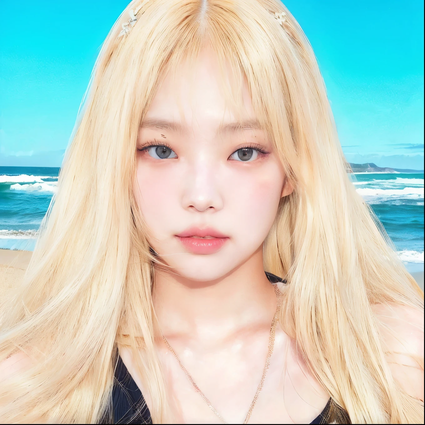 A close-up of a woman with long blonde hair on a beach, lalisa manobal, ulzzang, Lalisa Manoban of Blackpink, Kawaii realistic portrait, jaeyeon nam, portrait of jossi de blackpink, Junko Enoshima, shikami, guweiz, Sakimichan, roseanne park by blackpink, jossi de blackpink