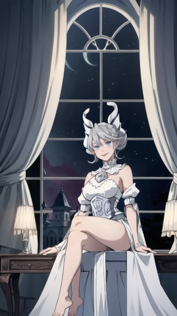 Beautiful arts wallpaper moonlight Outside castle top High level image quality best image quality 8K adult woman silver castle hall more colors whole body view portrait wearing pure white Goddess dress horn ears short hair((shortcut)(gray hair)(perm)(fluffy)) eye color is blue , , attractive evil face , smile , labrynth , barefoot , teasing with her breast, , sitting with crossed legs on piano , looking at the windows , stovie , crystal chandaglier , white curtains