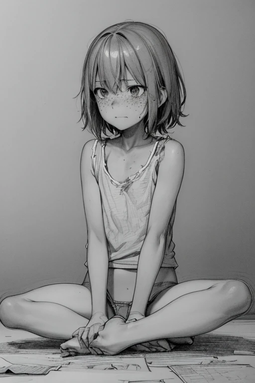 (pencil_sketch:1.2, messy lines, shades of gray, traditional media, sketch),
1 embarrassed girl with freckles and flat chest, One, short shaggy blonde hair, Short T-shirt, open legs, crotch showing, ventilate pussy, torn sneakers, simple background, whole body, sitting Indian style on the dirty floor, looking up