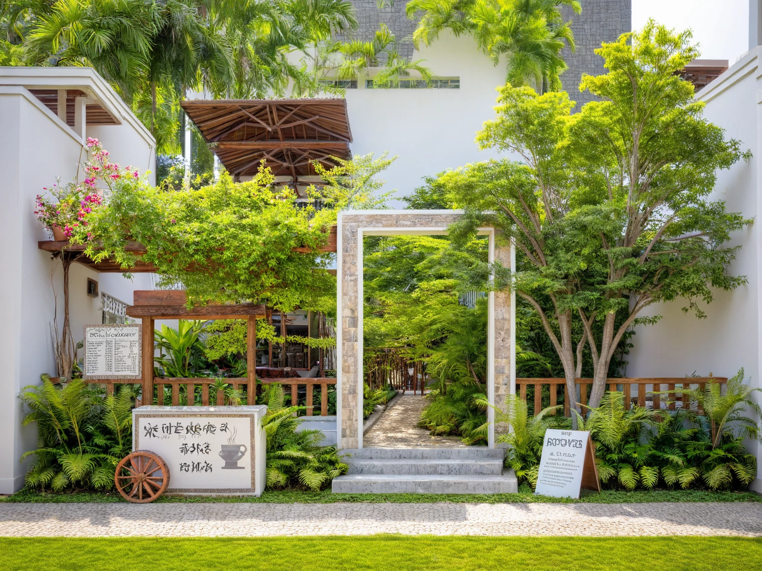 Moderntropicalgardern,aiaigroup, aerial view, outdoors, garden, tree, east asian architecture, rock, stone, flower, daylight,  house,Beautifully designed garden mandarin branches