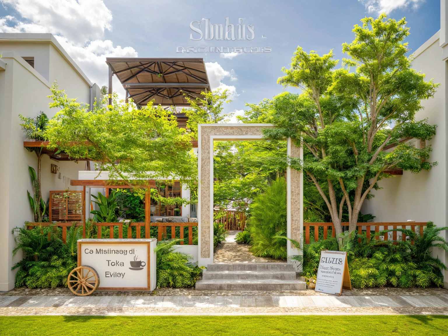 Moderntropicalgardern,aiaigroup, aerial view, outdoors, garden, tree, east asian architecture, rock, stone, flower, daylight, house,Beautifully designed garden mandarin branches