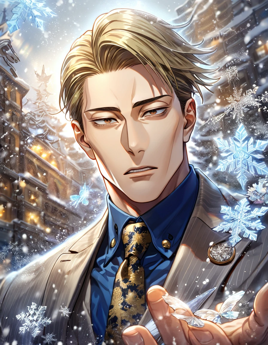 absurdres, highres, ultra detailed, HDR, master piece, best quality, extremely detailed, Nanami Kento, blonde hair, expressive brown eyes, Jujutsu Kaisen, solo, man, handsome, gray jacket, blue shirt, necktie, magical, fantasy, snowflakes, ice butterflies, ice, snowing