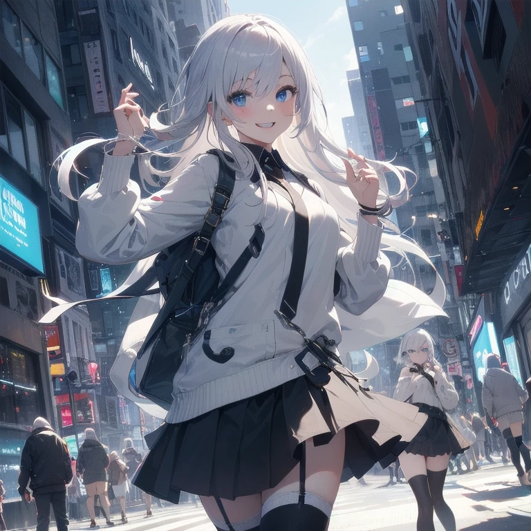 (Masterpiece, Best quality, ultra high resolution), 1 girl, Silver hair, Pale skin, Beautiful detailed face, Detailed eyes, posing on a white background, Dynamic lighting, dynamic shadowing, looking at viewer, White street punk fashion, (Posing for a photo), ((White clothes)), (((black thigh highs))), jean shorts, skirt, white sweater, ((Blue eyes)), happy, smiling, black straps, black strap design, ((Long white hair)), energetic, cheerful, cityscape background, (garter)