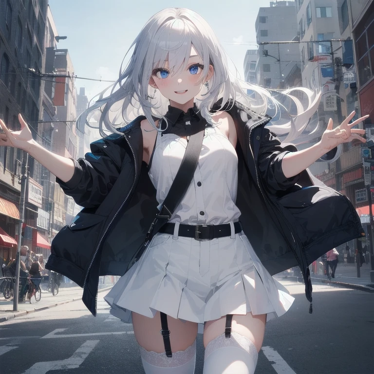 (Masterpiece, Best quality, ultra high resolution), 1 girl, Silver hair, Pale skin, Beautiful detailed face, Detailed eyes, posing on a white background, Dynamic lighting, dynamic shadowing, looking at viewer, White street punk fashion, (Posing for a photo), ((White clothes)), (((black thigh highs))), jean shorts, skirt, white sweater, ((Blue eyes)), happy, smiling, black straps, black strap design, ((Long white hair)), energetic, cheerful, cityscape background, (garter)