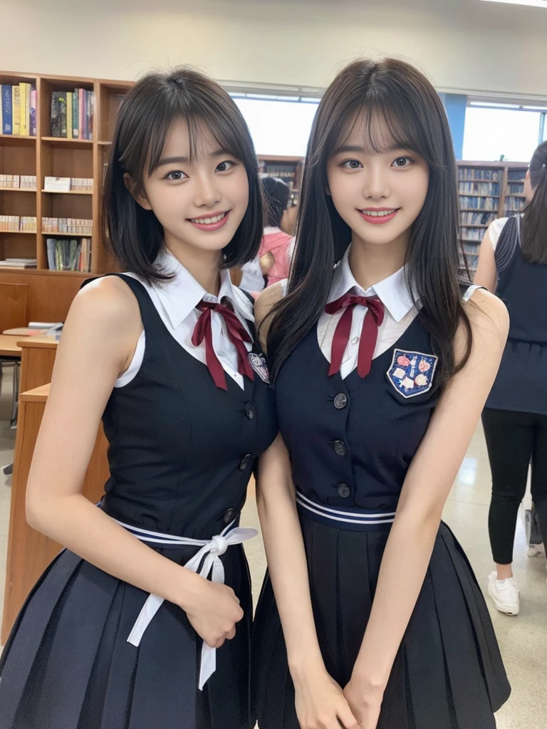 (Super cute Korean high school girls duo take photos 1.2)(grin,Smile)(Beautiful Sweat:1.1)(16K, RAW Photos, Highest quality, masterpiece: 1.2),(Beautiful short bob hair with even bangs, black hair) Super detailed, Super Resolution, (Genuine, Genuine photos: 1.37), Portraiture, High-resolution RAW color photos, Professional photos, Very detailed, 8k wallpaper, Very detailed CG Unity 8k wallpaper, Very detailed beautiful girls, Very detailed faces, ((whole body)), beautiful woman, Huge breasts,(huge boobs:1.1) (Big Boobs:1.1), Beauty college student (A tight, girly, navy sleeveless  with ribbon),high school girl, Korean Girls,(K-POP Female Idols), (Idol-class beauty)(Beautiful high school girl:1.1)(A library filled with books)(18-year-old)(Stylish school uniform-style outfit:1.1)(Group photo:1.1)(Tattoo,Tattoo:1.0)