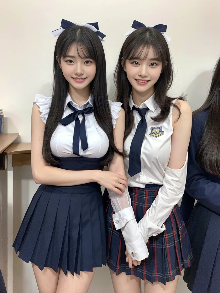 (Super cute Korean high school girls duo take photos 1.2)(grin,Smile)(Beautiful Sweat:1.1)(16K, RAW Photos, Highest quality, masterpiece: 1.2),(Beautiful short bob hair with even bangs, black hair) Super detailed, Super Resolution, (Genuine, Genuine photos: 1.37), Portraiture, High-resolution RAW color photos, Professional photos, Very detailed, 8k wallpaper, Very detailed CG Unity 8k wallpaper, Very detailed beautiful girls, Very detailed faces, ((whole body)), beautiful woman, Huge breasts,(huge boobs:1.1) (Big Boobs:1.1), Beauty college student (A tight, girly, navy sleeveless  with ribbon),high school girl, Korean Girls,(K-POP Female Idols), (Idol-class beauty)(Beautiful high school girl:1.1)(A library filled with books)(18-year-old)(Stylish school uniform-style outfit:1.1)(Group photo:1.1)(Tattoo,Tattoo:1.0)