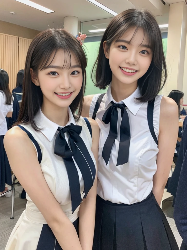 (Super cute Korean high school girls duo take photos 1.2)(grin,Smile)(Beautiful Sweat:1.1)(16K, RAW Photos, Highest quality, masterpiece: 1.2),(Beautiful short bob hair with even bangs, black hair) Super detailed, Super Resolution, (Genuine, Genuine photos: 1.37), Portraiture, High-resolution RAW color photos, Professional photos, Very detailed, 8k wallpaper, Very detailed CG Unity 8k wallpaper, Very detailed beautiful girls, Very detailed faces, ((whole body)), beautiful woman, Huge breasts,(huge boobs:1.1) (Big Boobs:1.1), Beauty college student (A tight, girly, navy sleeveless  with ribbon),high school girl, Korean Girls,(K-POP Female Idols), (Idol-class beauty)(Beautiful high school girl:1.1)(A library filled with books)(18-year-old)(Stylish school uniform-style outfit:1.1)(Group photo:1.1)(Tattoo,Tattoo:1.0)