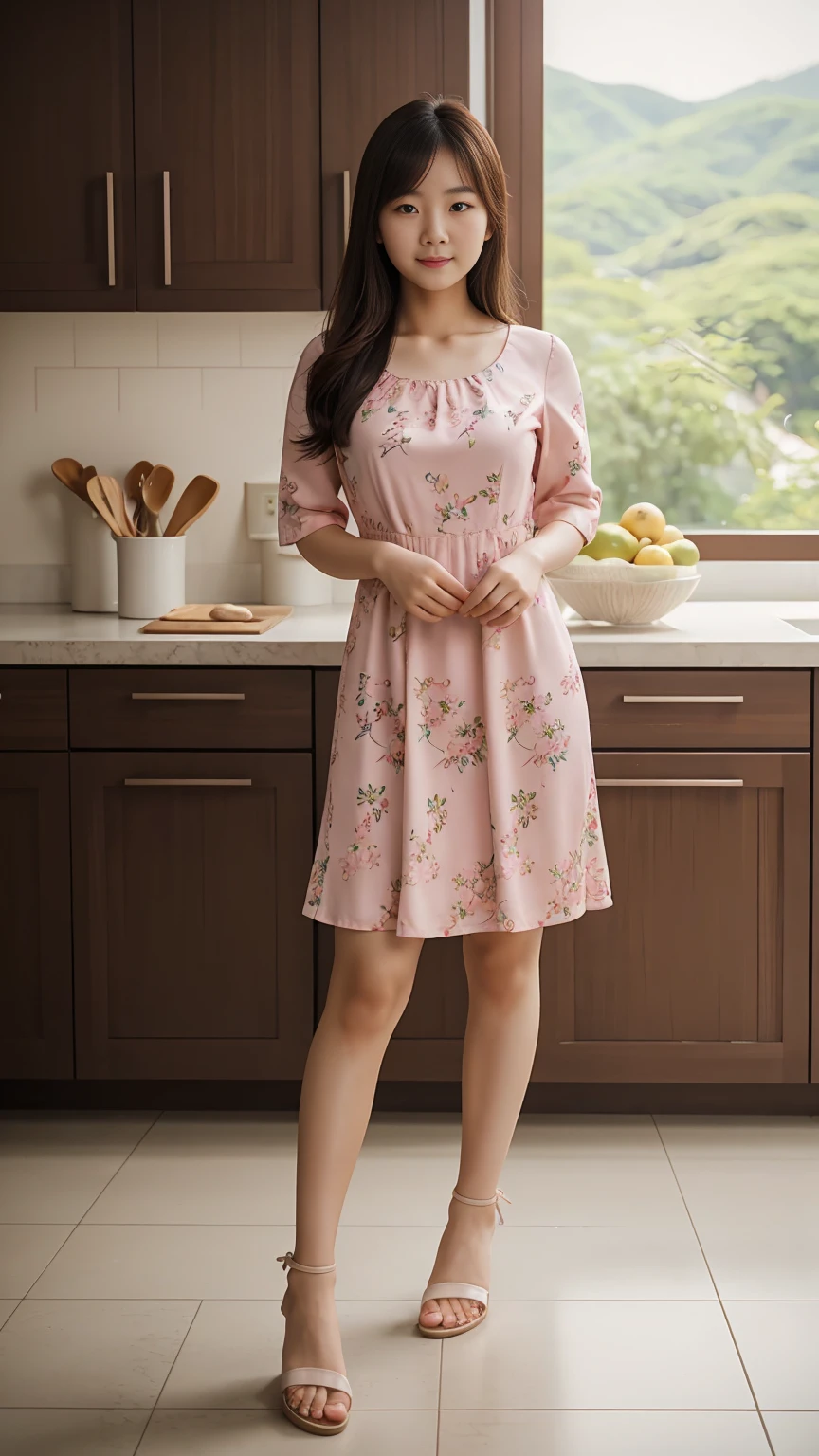 Full body shot, a young Korean woman in a pink floral dress, sandals, standing in kitchen, face straight to viewer, calm pose, serene expression, cute face, detailed face, detailed clothing, detailed background, natural lighting, warm colors, beautiful scenery, intricate details, highly detailed, photorealistic, 8k, ((masterpiece)), cinematic style, portrait