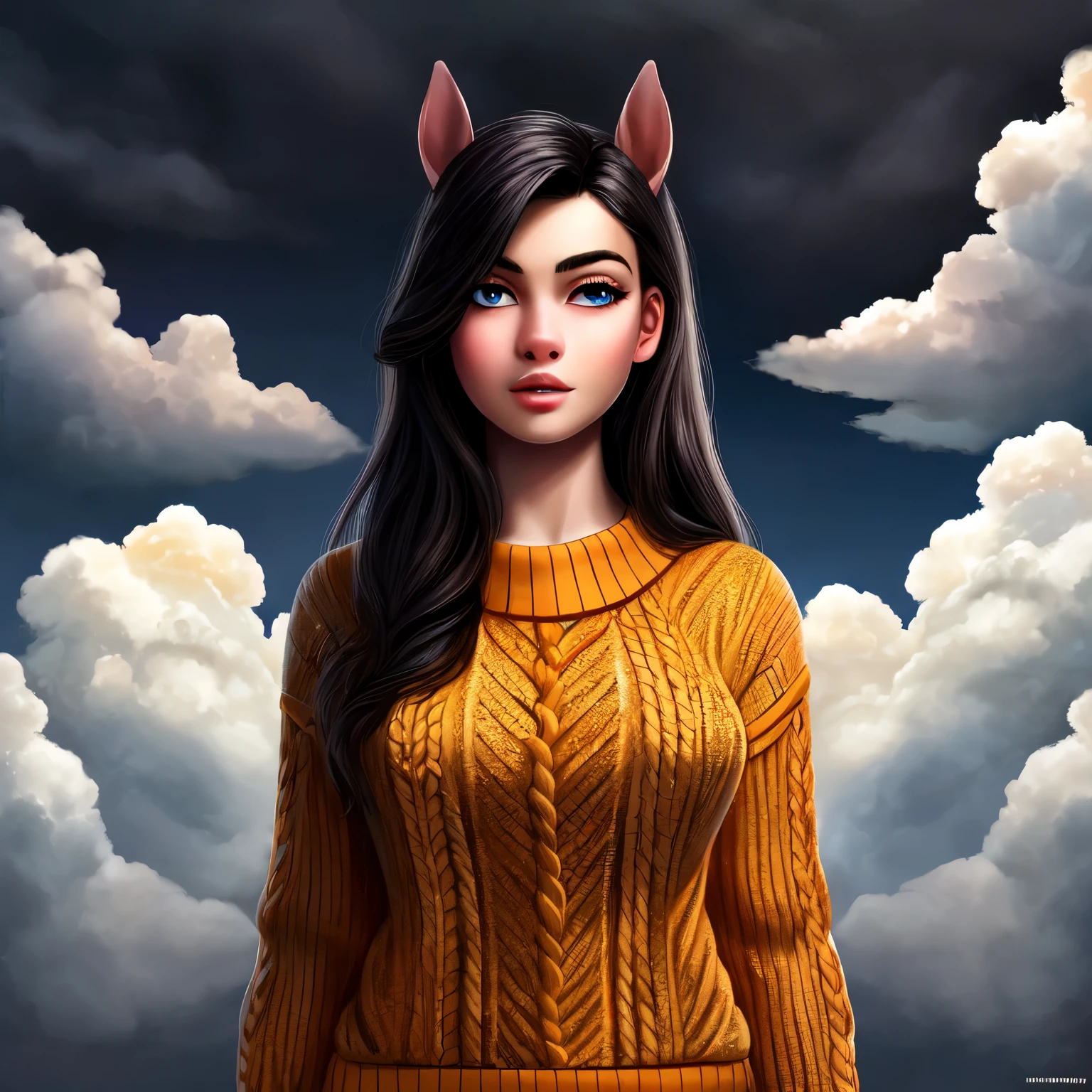 ((best qualityer)), ((work of art)), (detailded), 1 girl, ombro to ombro sweater, clouds, dark. angels, trobetas, horses