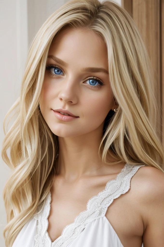 a cute blonde girl xesy blonde hair blue eyes full lips tall stature wearing a white dress that hugs her body