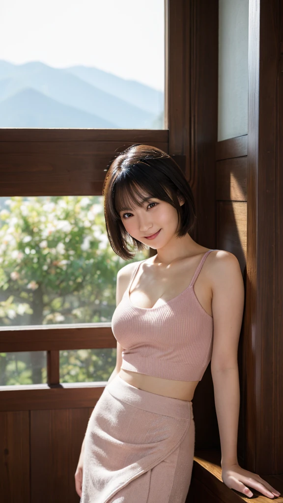 (Highest quality,masterpiece:1.3,Ultra-high resolution),(Very detailed,Caustics,8K), (Realistic:1.4, RAW shooting),Inside the Hotel,Japanese,20-year-old,smile,Black Short Hair,(salmon pink knit)White Skirt,Normal size,(Up to the waist),Natural light,(Low position),(Low Angle)Narrow waist、