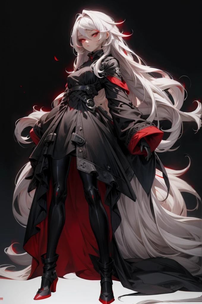 best quality, simple Details, 1 girl, Long hair, white hair, tousled hair, Rote Highlights, red eye, good eyes, Black Dress, simple background, full body,