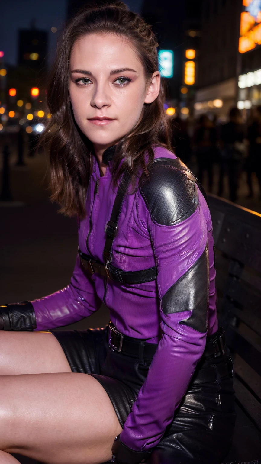 (masterpiece), (photorealistic1.4), (epiCRealLife), (lora:KateBishopFNLoRA:1.0 ribbed bodysuit costume), (KateBishopFNLoRA black leather pants), (KateBishopFNLoRA utilities belt), (leg holster) (KateBishopFNLoRA black gloves), (Kate Bishop Purple Costume),, (epiCFlashPhoto), (harness), (ponytail), (young woman), ,(flashphoto), (flash photography), (make up) ,(kst3w-v2 ), (Kristen Stewart), (Kristen Stewart light smile), (outdoor), (sitting on bench), (New York City Street), (neon lights), (look at viewer), (from side)