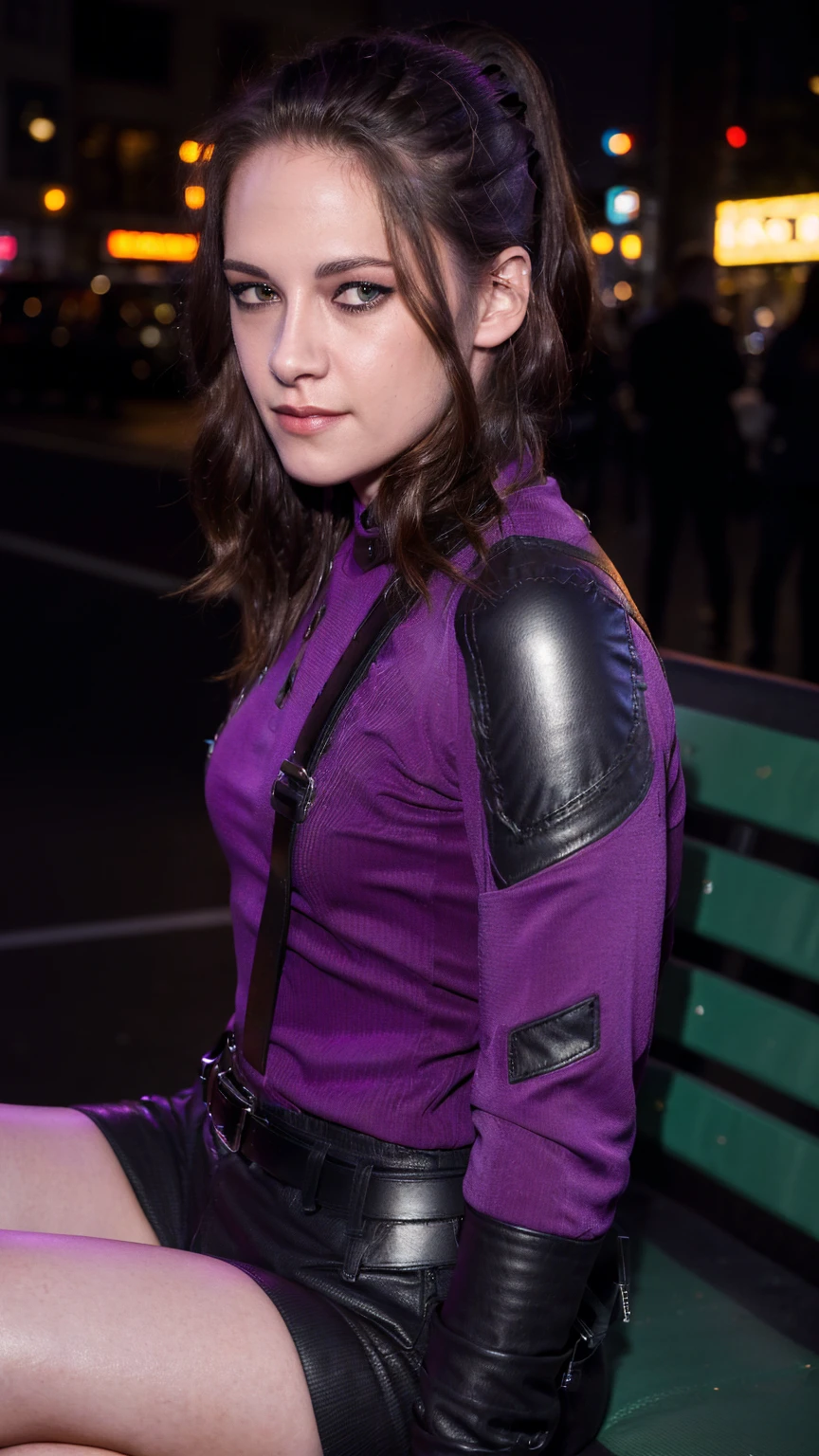 (masterpiece), (photorealistic1.4), (epiCRealLife), (lora:KateBishopFNLoRA:1.0 ribbed bodysuit costume), (KateBishopFNLoRA black leather pants), (KateBishopFNLoRA utilities belt), (leg holster) (KateBishopFNLoRA black gloves), (Kate Bishop Purple Costume),, (epiCFlashPhoto), (harness), (ponytail), (young woman), ,(flashphoto), (flash photography), (make up) ,(kst3w-v2 ), (Kristen Stewart), (Kristen Stewart light smile), (outdoor), (sitting on bench), (New York City Street), (neon lights), (look at viewer), (from side)