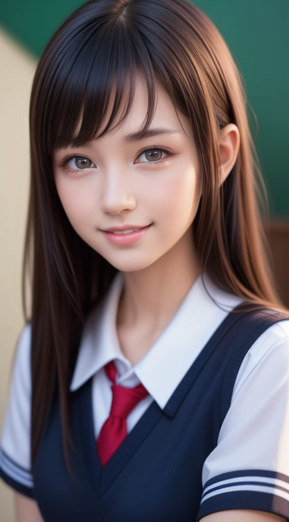 teen, 1girl in, Extremely cute, Amazing face and eyes, (Beautiful lovely smile), (extremely detailed beautiful face), bright and shiny lips, Super beautiful, (School uniform:1.3), (Best Quality:1.4), (hyper quality), (Ultra-detailed), (Hyper-realistic, Photorealsitic:1.37), Authentic skin texture, Highly detailed CG integrated 8k wallpapers, RAW Photos, professional photograpy, Cinematic lighting,