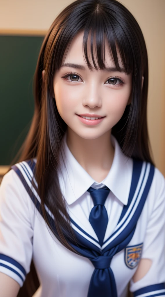 , 1girl in, Extremely cute, Amazing face and eyes, (Beautiful lovely smile), (extremely detailed beautiful face), bright and shiny lips, Super beautiful, (School uniform:1.3), (Best Quality:1.4), (hyper quality), (Ultra-detailed), (Hyper-realistic, Photorealsitic:1.37), Authentic skin texture, Highly detailed CG integrated 8k wallpapers, RAW Photos, professional photograpy, Cinematic lighting,