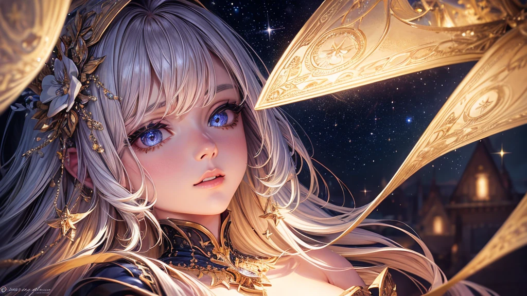 a beautiful woman looking at the stars, detailed portrait, beautiful detailed eyes, beautiful detailed lips, extremely detailed face, longeyelashes, elegant woman, starry night sky, glowing stars, atmospheric lighting, cinematic lighting, dramatic lighting, moody lighting, fantasy, dreamlike, ethereal, whimsical, magical realism, vibrant colors, rich colors, warm color palette, dynamic composition, intricate details, masterpiece, hyper-detailed, photorealistic, 8k